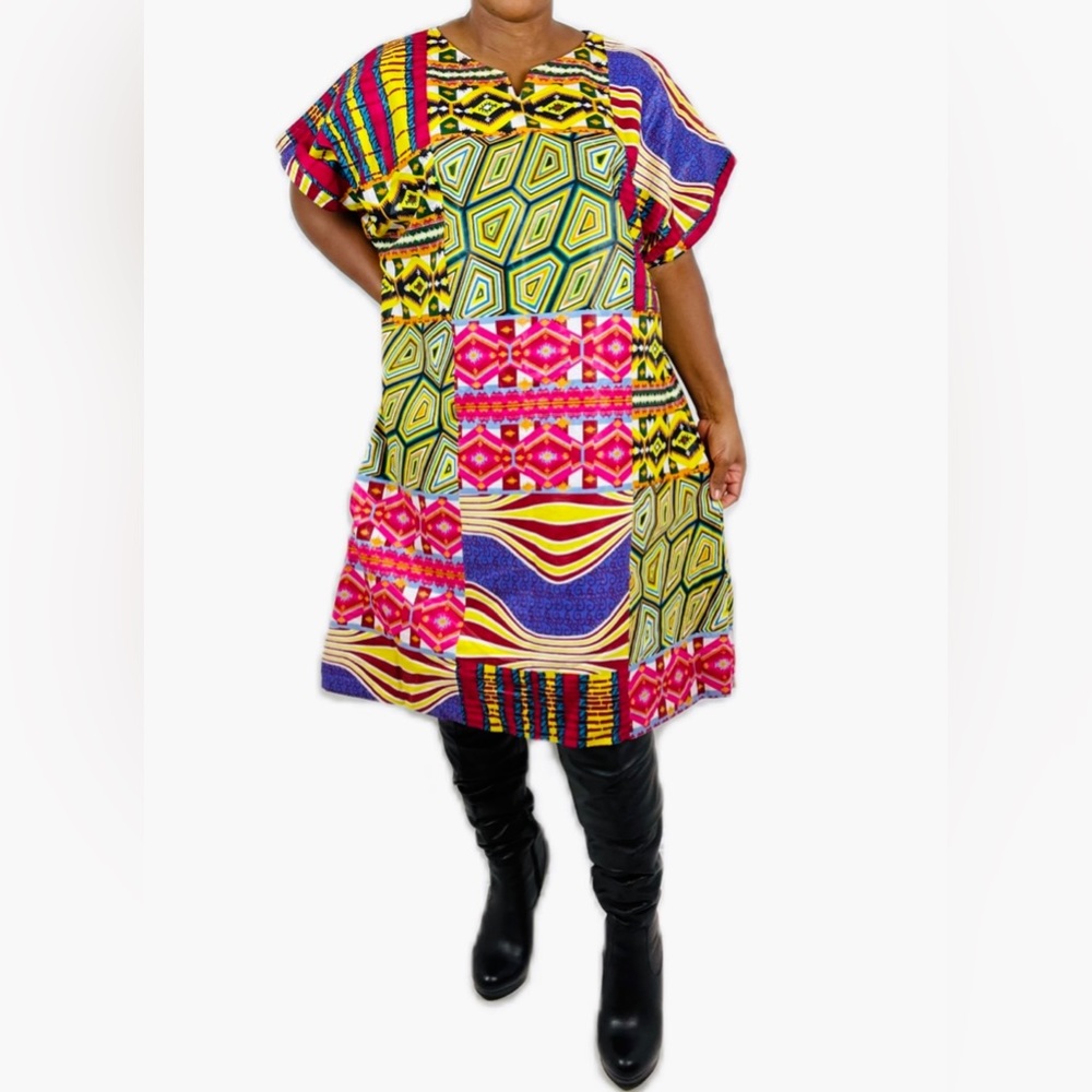 Multicolor Patchwork Design Notch Neck Cotton Mid… - image 2